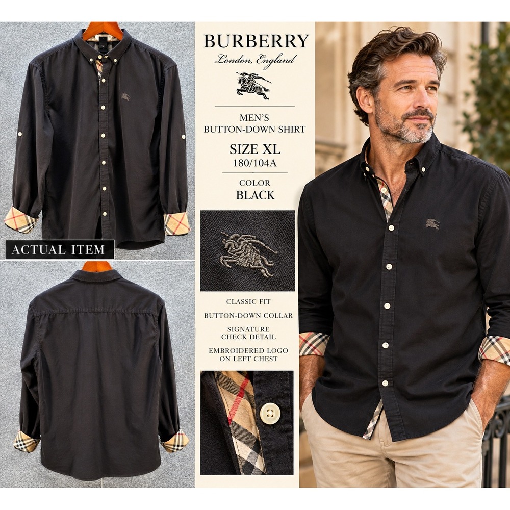 Burberry Button Down Shirt Men XL Check Trim Knight Logo Black XL Excellent Prep
